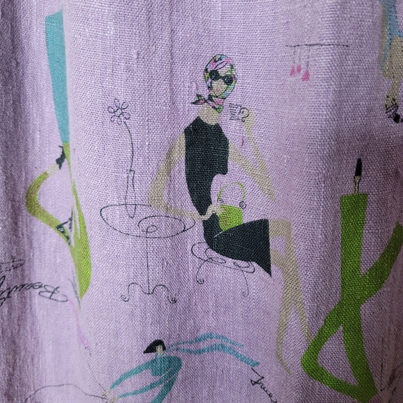 Vintage Tom Tom Linen Skirt L Artsy Cafe Print Straight Midi 90s USA - Picture 3 of 9